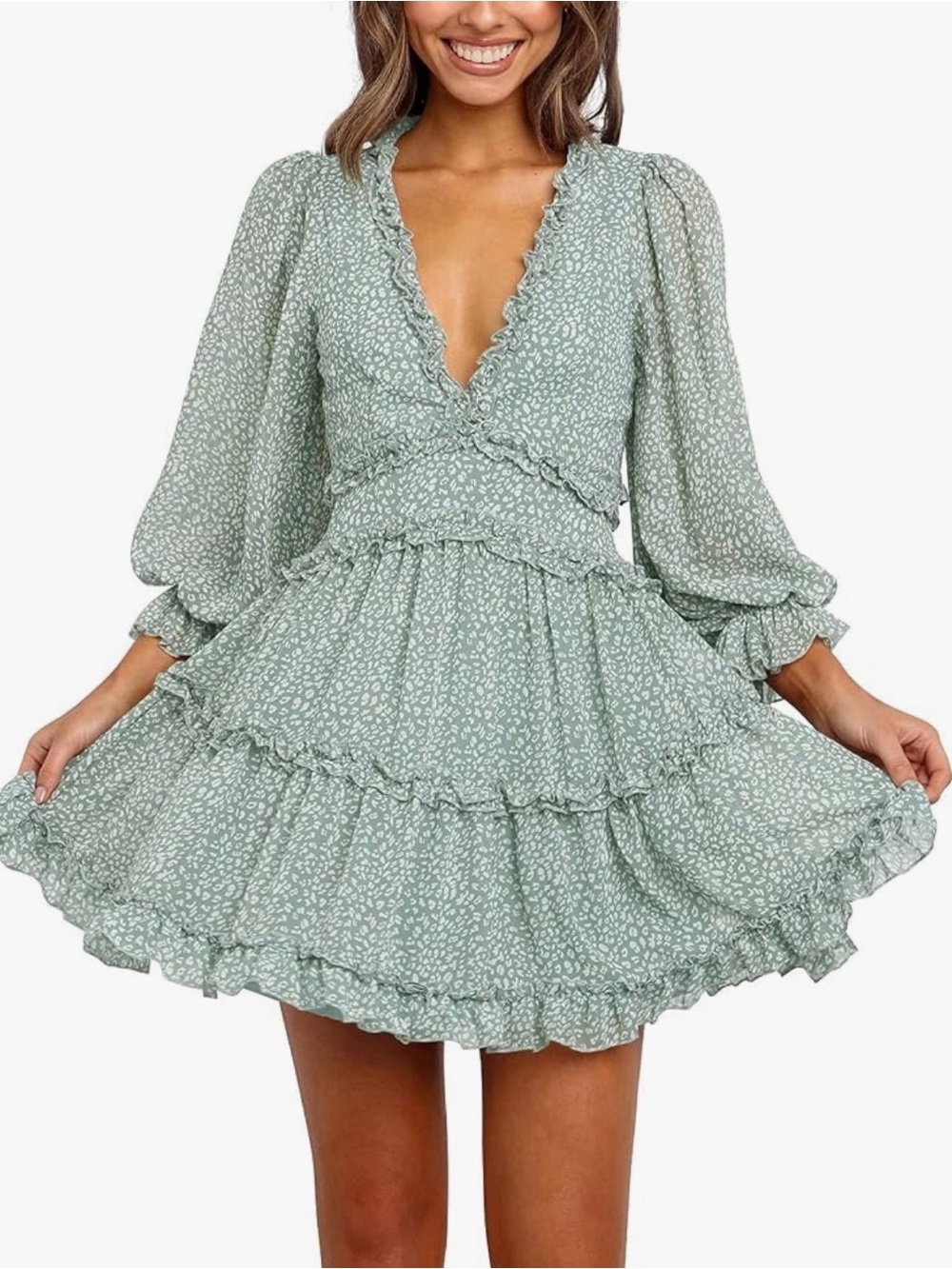 SHEIN Sage Green Floral Ruffle Tiered Mini Dress